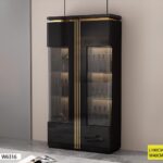 Vaisselier Vitrine Noire – Meuble Étroit Avec Verre Trempé Et Structure Dorée 190 Cm
