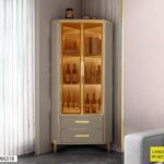 Vaisselier D’angle Gris – Vitrine Grand Format Avec Verre Trempé Et Structure Dorée 190 Cm