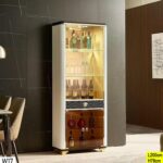 Vaisselier Beige Vitrine Avec Led Intégrées, Verre Trempé Et Détails Dorés 200 Cm