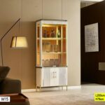 Vaisselier Blanc Vitrine Avec Led Intégrées Et Finitions Dorées 200 Cm