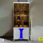 Vaisselier Beige Vitrine À Portes Vitrées Avec Led Et Finitions Dorées 200 Cm