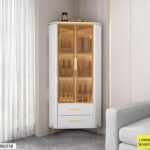 Vaisselier D’angle Blanc Vitrine Grand Format Avec Verre Trempé Et Structure Dorée 190 Cm