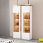 Vaisselier Vitrine Blanc Meuble Étroit Avec Verre Trempé Et Structure Dorée 190 Cm