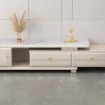 Table Tv Beige Effet Marbre Meuble Tv Moderne Avec Tiroirs Et Finitions Dorées