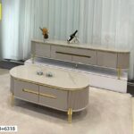 Ensemble Meuble Tv +Table Basse Gris Salon Moderne Avec Finitions Dorées