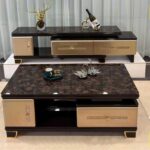 Ensemble Meuble Tv + Table Basse Marron Effet Marbre Salon Chic Et Moderne