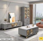 Ensemble Meuble Tv + Table Basse + Vaisselier Beige Et Gris Salon Complet Moderne Et Élégant – Image 2