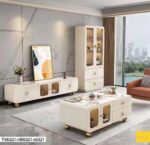 Ensemble Meuble Tv + Table Basse + Vaisselier Beige Et Gris Salon Complet Moderne Et Élégant