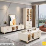 Ensemble Meuble Tv + Table Basse + Vaisselier Beige Et Gris Salon Complet Moderne Et Élégant