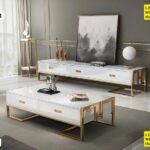 Ensemble Meuble Tv + Table Basse Blanc Grand Format Moderne Et Élégant