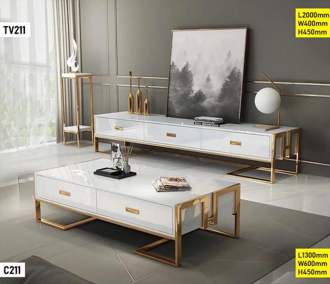 Ensemble Meuble Tv + Table Basse Blanc Grand Format Moderne Et Élégant – Image 1