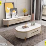 Ensemble Meuble Tv + Table Basse Blanc Design Moderne Avec Effet Marbre Et Finitions Dorées
