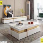 Ensemble Meuble Tv + Table Basse Blanc Design Luxe Avec Plateau Marbre Et Finitions Dorées