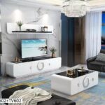Ensemble Meuble Tv + Table Basse Blanc, Argent, Noir Design Moderne Et Élégant